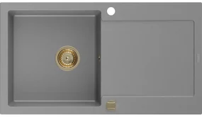 Mexen Leo zlewozmywak granitowy 1-komorowy z ociekaczem 900 x 500 mm, szary, syfon złoty - 6501901010-71-G