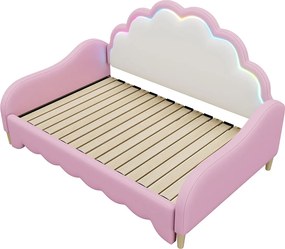 Łóżko dziecięce z funkcją wysuwania z ekoskóry - 140x200cm - z LED i pilotem - Różowe (materac nie jest w zestawie)