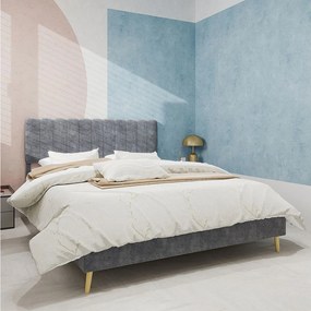 Łóżko dla dorosłych 160 x 200 cm - Łóżko małżeńskie z miękkim zagłówkiem i drewnianymi nogami - szary aksamit - materac nie jest wliczony w cenę