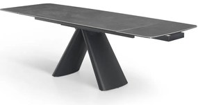 Elegancki stół z szarym ceramicznym blatem na hartowanym szkle. Metalowa podstawa z czarnej stali nadaje mu nowoczesny charakter i wyjątkową trwałość.