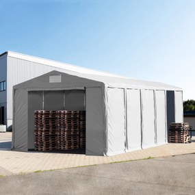 TOOLPORT 8x12m Namiot magazynowy - 4,0 m wysokość ścian bocznych z bramą na zamek błyskawiczny, PVC 850, szary, ze statyką (podłoże gruntowe) - (93834)