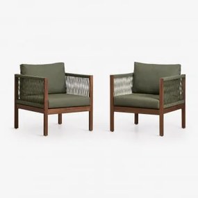 Zestaw 2 Foteli Z Podłokietnikami Z Drewna Akacjowego Branson Intensywny Verde Olive & Ciemny Akacjowy Brąz - Sklum