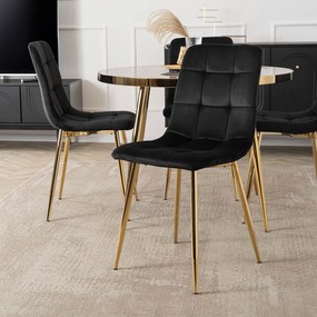 Zestaw Stół Okrągły TINGA 100 cm Szary Marmur/Złoty i 4 Krzesła Tapicerowane YORK Czarne Glamour