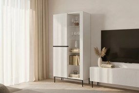 Witryna Nicole 100 cm z ryflowanym frontem - biały mat / czarne nóżki