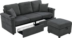 Sofa 3-osobowa z ciemnoszarego sztruksu z LED i USB, podnóżkiem ze schowkiem i 2 szufladami