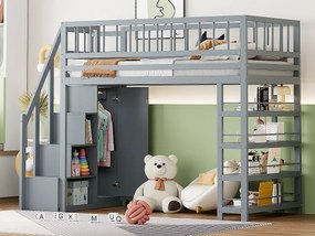 Łóżko piętrowe 90 x 200 cm - półki + szafa + schowek - lite drewno - szare