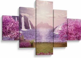 Obraz różowych drzew z jeziorem (125x70 cm)