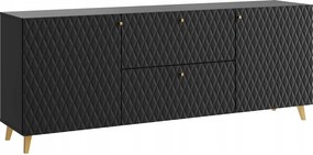 Nowoczesna szafka RTV 180 cm czarny z frezami w romby, złote uchwyty i złote nóżki