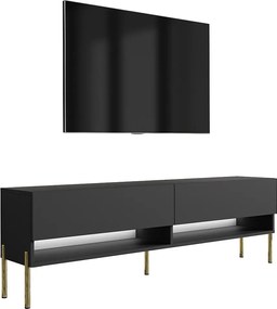 Szafka pod telewizor 170 cm Czarny Mat, nóżki proste złote, LED biały, 170 × 32 × 52 cm