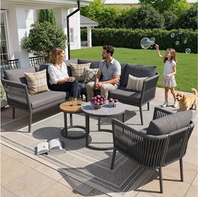 Zestaw mebli ogrodowych dla 5-6 osób - 6 elementów z rattanu PE z ławką i poduszkami - narożnik modułowy - metal - szary