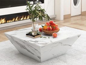 Nowoczesny stolik kawowy - z 2 szufladami - okleina w marmurowy wzór - Biały