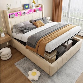 Łóżko 140x200 cm z pojemnikiem - Łóżko dla dorosłych z oświetleniem LED i ładowaniem USB - Zagłówek z półkami i schowkiem - beżowy len