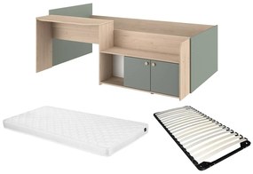 Łóżko piętrowe 90 x 190/200 cm - Naturalny i zielony + Stelaż + Materac - MIVONA
