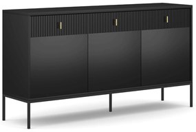 Komoda do Salonu Sypialni MARCOS 154 cm Czarna Ryflowana Trzydrzwiowa z Szufladami Nowoczesna
