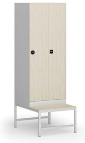 Szafka ubraniowa S1 z ławką, 2-drzwiowa, 1875 x 600 x 500/800 mm, zamek RFID, drzwi laminowane, brzoza