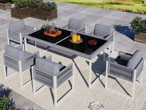 Zestaw mebli ogrodowych do jadalni dla 6 osób - 6 foteli - 1 stół - konstrukcja z ocynkowanej stali - z zdejmowanymi i pralnymi tkaninami - szary