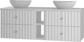 Biały Zestaw Łazienkowy 140cm Szafka z Blatem Umywalka Regał Ryflowane Frony Aqua