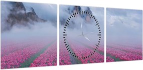 Obraz - Krajobraz z polami tulipanów (z zegarem) (90x30 cm)