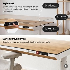 Biurko elektryczne sit-stand z szufladą i ładowarką bezprzewodową Qi białe/złoty dąb, 1400 mm: ELLIS