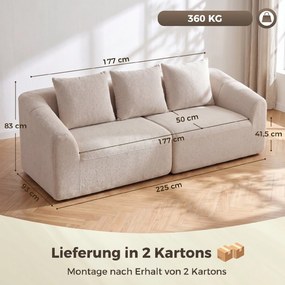 HOMCOM Sofa 3-osobowa, Chenille Cloud bez ramy, grube wkłady kieszeniowe, ekstra szerokie siedzisko, 3 poduszki, beżowy | Aosom PL