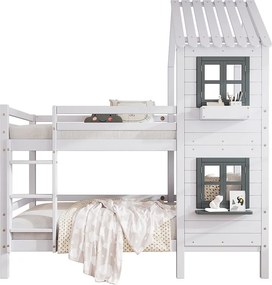 Łóżko piętrowe dwuosobowe - 2 x 90 x 200 cm - ze schodami, oknem i stelażem - drewno + MDF - białe