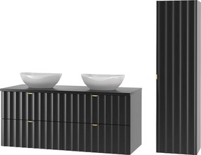 Czarny Zestaw Łazienkowy 120cm Szafka z Blatem Umywalka Słupek Ryflowane Fronty Arcos