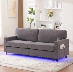 Nowoczesna sofa 2-osobowa - 203 x 77,5 x 85 cm - z USB-C + diodami LED + uchwytami na kubki i kieszeniami bocznymi - welur - jasnoszary