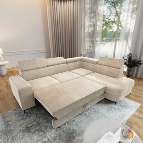 Masseno Narożnik ALVORO z funkcją spania i pojemnikiem na pościel Narozniki L, Rozkładana sofa - Kremowy, MONOLITH 04