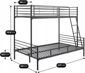 Łóżko Piętrowe Młodzieżowe 90x200 cm/ 120x200 cm TRES Metalowe Czarne Loft