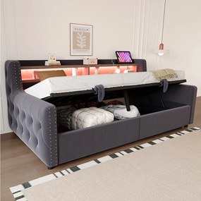 Leżanka 90x200 cm, łóżko dla dorosłych z miejscem do przechowywania, LED i portami USB – szary welur (bez materaca)