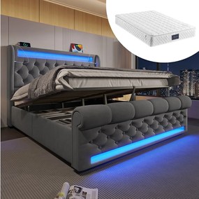 Łóżko tapicerowane ze schowkiem - 140 x 200 cm - z diodami LED - zagłówek ze schowkiem i USB - z materacem - aksamit - szary