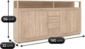 Komoda Czterodrzwiowa z Szufladami BLAGO 190 cm Dąb Sonoma Nowoczesna