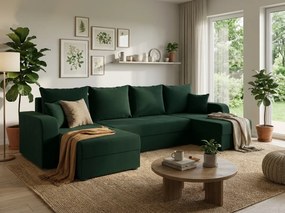 Rozkładana sofa narożna w kształcie U VALERIO 305x140 cm, ciemnozielona