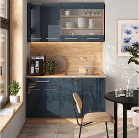Kuchnia pojedyncza ciemnoniebieski wysoki połysk/złoty dąb 140x60x81.6 fame-line