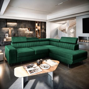 Masseno Narożnik NOLA z funkcją spania i pojemnikiem na pościel Narozniki L, Rozkładana sofa - Butelkowa zieleń, MONOLITH 37