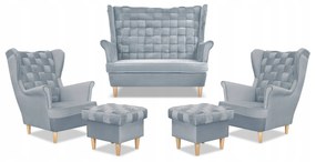Zestaw wypoczynkowy Carol sofa fotele pufy paski Family Meble błękitny