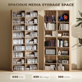 HOMCOM 9-poziomowy regał na DVD z 18 przegródkami i 14 regulowanymi półkami, miejsce na 640 płyt CD, 360 płyt DVD lub 430 płyt Blu-ray, naturalne drewno | Aosom PL
