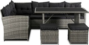 Zestaw Mebli Ogrodowych DALLAS Szary/Czarny Narożnik Pufy Stolik Tarasowy Technorattan Nowoczesny