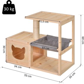 PawHut wielofunkcyjny domek dla kota z drapakiem hamakiem i słupkiem sizalowym drewno jodłowe naturalne | Aosom PL