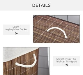 HOMCOM Kosz na Pranie 100L Bambus Poliester Bawełna z 3 Uchwytami Brązowy Biały 52x32x63cm | Aosom PL