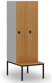 Drewniana szafa ubraniowa z ławką, 2-drzwiowa, 1871 x 600 x 500/800 mm, demontaż, zamek kodowy, szary/buk