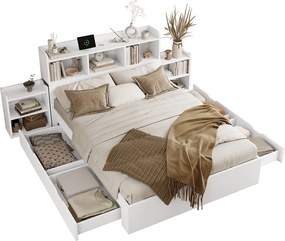 Łóżko dwuosobowe ze schowkiem - 140 x 200 cm - z wezgłowiem ze schowkiem + 2 szafki nocne + 2 szuflady - MDF - białe