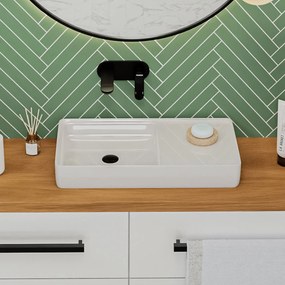 Umywalka ceramiczna nablatowa prostokątna biała z dużą półką na mydło 76 x 40 cm GERA
