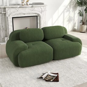 Sofa 2-osobowa z poduszkami - Prosta sofa z zaokrąglonymi podłokietnikami i poduszkami dekoracyjnymi - zielony sztruks