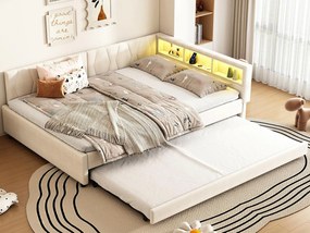 Kanapa rozkładana 140x200 cm - z łóżkiem wysuwanym - z portami USB + Type C - z oświetleniem LED - beżowy (materac nie jest w zestawie)