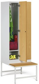 Szafka ubraniowa S1 z ławką, 2-drzwiowa, 1875 x 600 x 500/800 mm, demontaż, zamek obrotowy, drzwi laminowane, buk