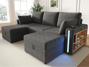 Kanapa modułowa w kształcie U lub L - z 2 pufami do przechowywania - oświetlenie LED - uchwyty na kubki - porty USB/Type-C i podłokietniki - szuflady - szary