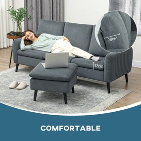 HOMCOM Sofa narożna, 3-osobowa sofa z pufą, Obicie z tkaniny, Zestaw sof L-kształt, Ciemnoszary