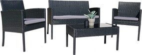 Meble Ogrodowe RIMNI Zestaw Sofa Fotel Stół na Taras Ogród TECHNORATTAN Czarny Szare Komfortowe Poduszki