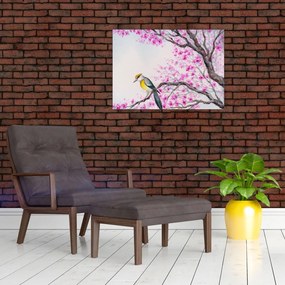 Obraz - ptak na drzewie z różowymi kwiatami (70x50 cm)